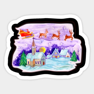 Santa flying sleigh over church Sticker